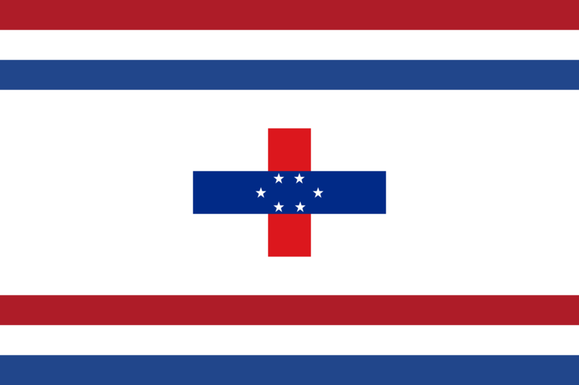 Bandera distintivo di Gobernador di Antia Hulandes. Ariba i abou tin un banda den e kolónan di bandera Hulandes: korá, blanku i blou. Entre e dos bandanan tin un pida blanku ku den dje e bandera di Antia Hulandes (ku seis strea) den un sírkulo.
