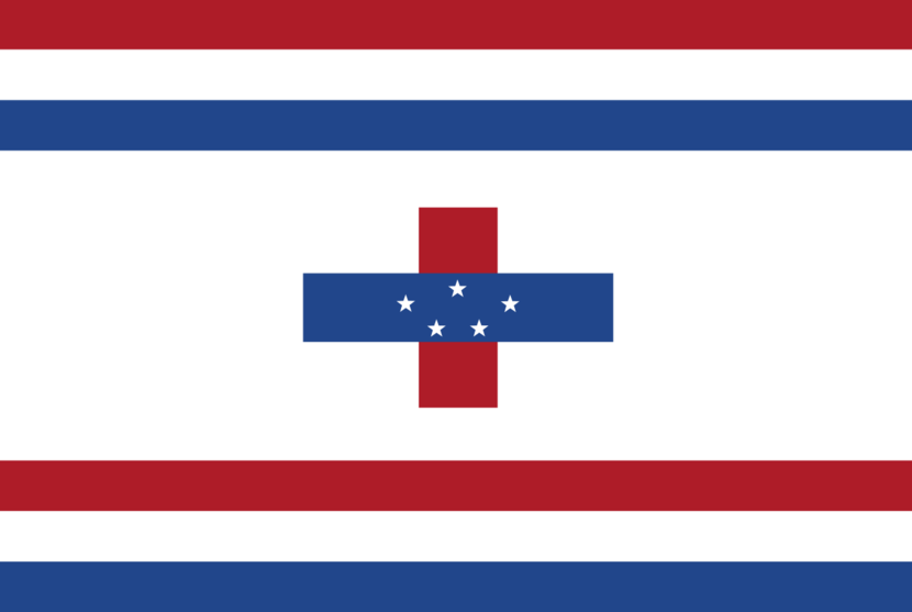 Bandera distintivo di Gobernador di Antia Hulandes. Ariba i abou tin un banda den e kolónan di bandera Hulandes: korá, blanku i blou. Entre e dos bandanan tin un pida blanku ku den dje e bandera di Antia Hulandes (ku sinku strea) den un sírkulo.